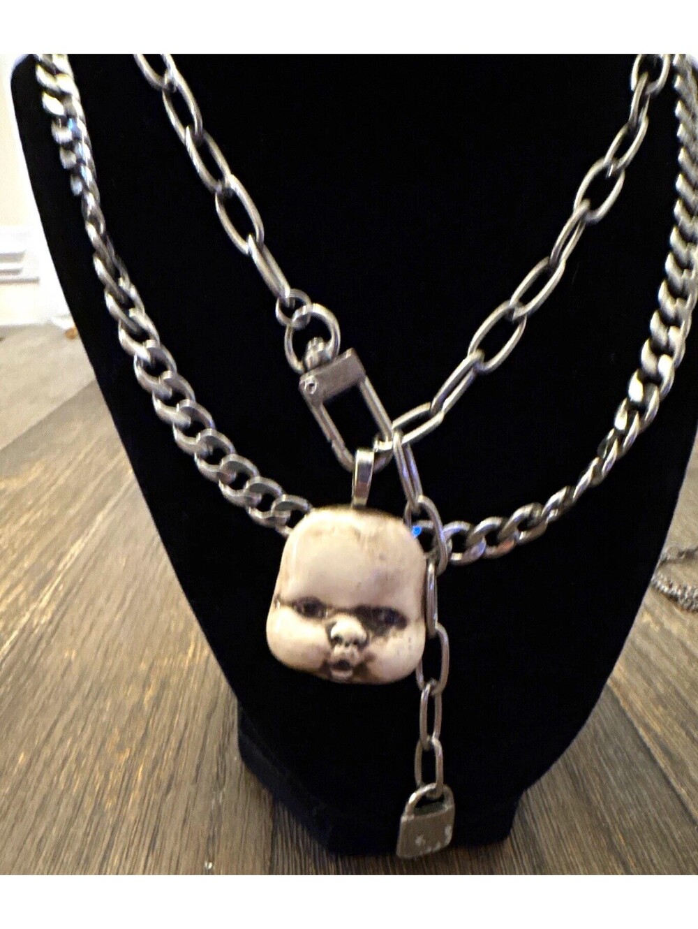 Silver Tone double Chain Necklace  goth Halloween baby charm